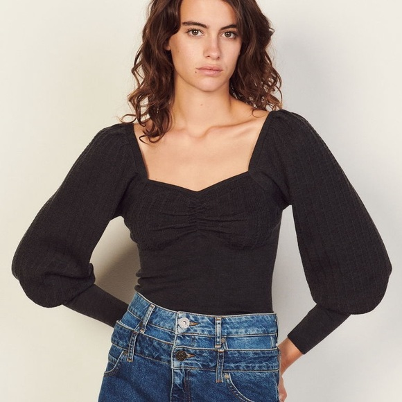 Sandro Paris Sweetheart Neck Wool Blend Cropped Knit Top Gray Medium - Picture 2 of 13